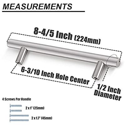Probrico 5 Pack|Brushed Nickel T Bar Cabinet Pulls Stainless Steel Kitchen Cabinet Drawer Handles, 6-1/3 inch Hole Centers, Euro T Bar Pulls - color: Brushed Nickel, size: hole center 6-3/10"