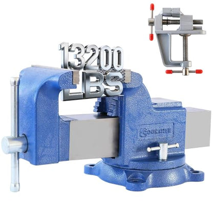 6" Heavy-Duty Bench Vise 13200LBS Stronger Clamping Force Ductile Iron Bench Vise 6 Inch 360° Swivel Bench Vice with Anvil Blue, Include Mini Bench Vice Clamp - size: 6-inch
