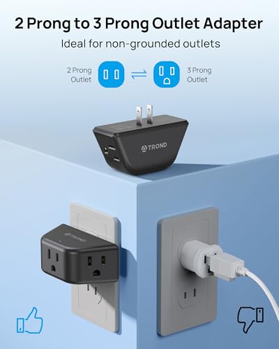 TROND 2 Prong to 3 Prong Outlet Extender, 3-Way Angled Plug Adapter with 3 AC Sockets, Wall Splitter for Non-Grounded Outlets in Old House, Cruise Ship Travel Essentials, Black - color: Black, size: 3AC-2 Prong Plug, 1 Pack