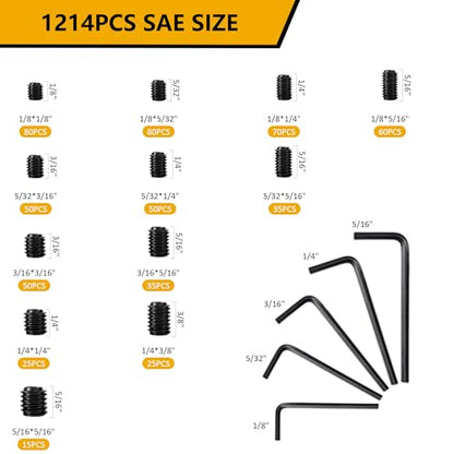 ZTF 1214Pcs Metric & SAE Set Screw Assortment Kit, Internal Hex Drive Set Screws for Bathroom Fixtures, Door Handles, Towel Rack Screws, 12.9 Grade Alloy Steel Grub Screw (M3-M8, 1/8"-40 to 5/16"-18) - size: black-1214pcs