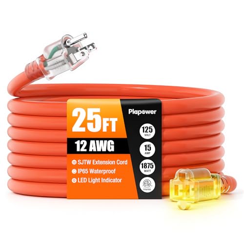 Outdoor Extension Cord 25 FT Waterproof, 12/3 Gauge Heavy Duty 3 Prong Power Cord with Lighted Indicator End, 15A 125V 1875W SJTW, ETL Listed, Great for Lawn/Garden/Home(Orange) - color: Orange, size: 25 FT