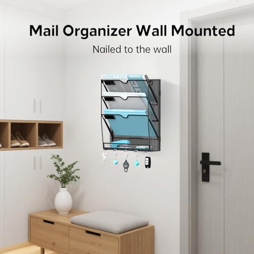 Wall File Organizer - Hanging File Organizer with 5 Hooks, Mail Holder Wall Mounted for Papers, Folders, Magazines, Bills, 4 Tier Office&School Organization, Black - size: 4 Tier-Black