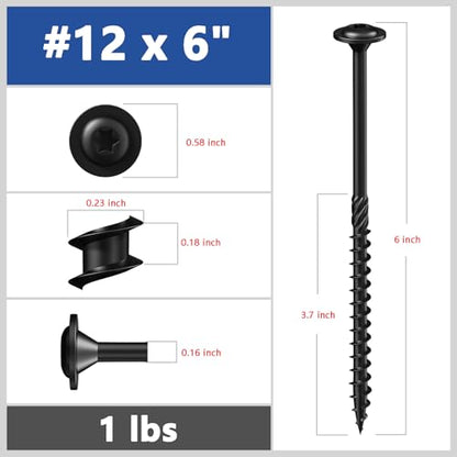 Wensilon (1 lbs)#12 x 6 Black Lag Screws, Structural Wood Screw, Heavy Duty Construction Screw, Rust Resistant, Washer Head, Black Coated Exterior Wood Screws, Star Drive with Bit - color: Black, size: #12 x 6"