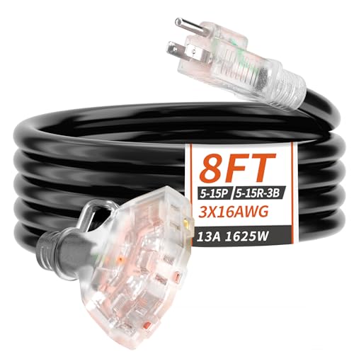 PlugSaf 8 FT 16/3 Gauge Outdoor Extension Cord with Multiple Outlets Light Indicator, Flexible 3 Outlet Weatherproof Extension Cord Waterproof Black, 13A 1625W 16AWG SJTW, ETL Listed - color: Black, size: 8FT