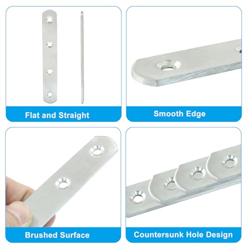 4 Pack 5 Inch Stainless Steel Flat Plate Straight Bracket Flat Metal Brace Bracket, 130mm Metal Brackets Mending Repair Plate Brace with Screws for Wood Straight Brace - size: 5"-130mm-Silver