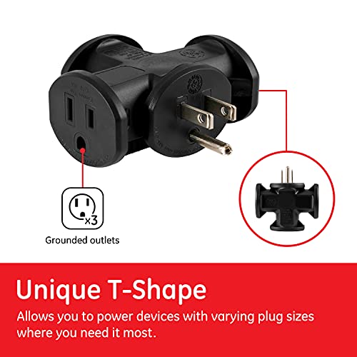 GE 3-Outlet Grounded T-Shaped Tap Adapter, Heavy Duty, Black, 50872 - color: Black