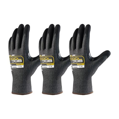 COOLJOB A5 Fiberglass Free Cut Resistant Gloves for Men, Touchscreen, Grip Nitrile Coated, No PFAS, Non Slip, Soft & Durable - color: Black (Pack of 3), size: Medium