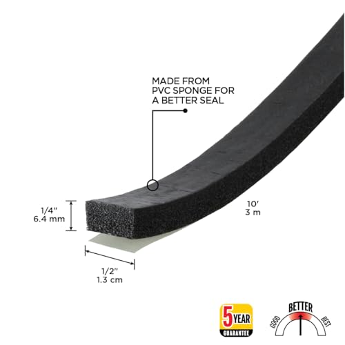 M-D Building Products 06577 1/4 in. x 1/2 in. x 10 ft. Black Sponge Window Seal for Ex-Small Gaps - size: 1/4" X 1/2"