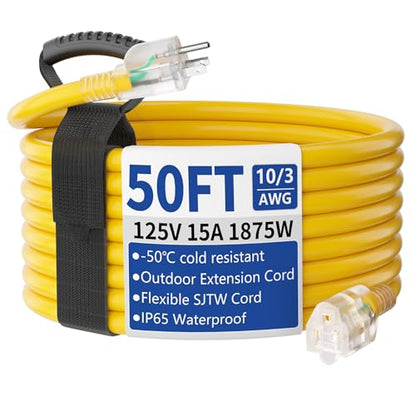 50ft Outdoor/Indoor Extension Cord with Lighted 10/3 Gauge Ultra 3 Prong Heavy Duty SJTW, Waterproof, Flexible Cold-Resistant,15A 125V 1875W, Yellow - size: 50ft