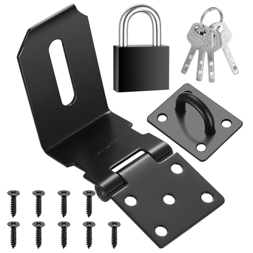 4 Inch 90 Degree Padlock Hasps, Stainless Steel Latch Lock Padlock Hasp with Padlock and Keys Set, Right Angle Safety Door Latches, Gate Lock Hasp Latches for Cabinets, Closets Doors