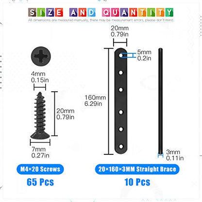 Glarks 10Pcs 160mm Flat Straight Corner Brace Black Metal Joint Plate Connector Repair Fixing Bracket with 45Pcs Screws for Wood Furniture (160x20x3mm) - size: 160x20x3mm