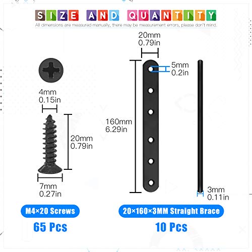 Glarks 10Pcs 160mm Flat Straight Corner Brace Black Metal Joint Plate Connector Repair Fixing Bracket with 45Pcs Screws for Wood Furniture (160x20x3mm) - size: 160x20x3mm