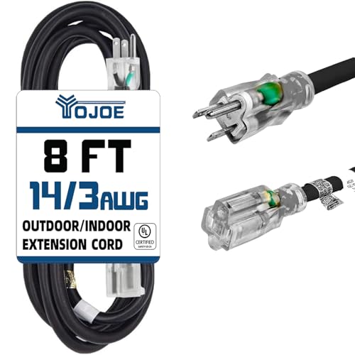 YOJOE Indoor Outdoor Extension Cord with Lighted End, 3 Prong 15A Weatherproof Power Cord, 14 Gauge Heavy Duty 8 ft Black Extension Cord for Garage, Garden and Home, 14/3 SJTW UL Listed - color: Black, size: 8 Foot
