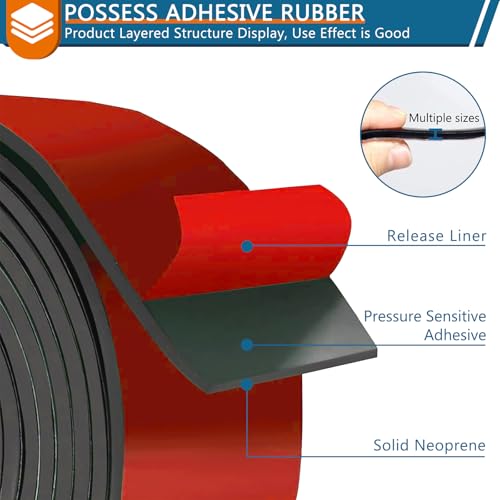 HooTown Adhesive Solid Rubber Strips, 0.5” Wide x 1/8" Thick x 180" Long Self Neoprene Rubber Sheets Rolls with Adhesive Backing for DIY Gaskets, Pads, Sealing, Liner, Weather Striping, Seals, Red - color: 1/8" Thick Adhesive, size: 0.5” W x 180" L