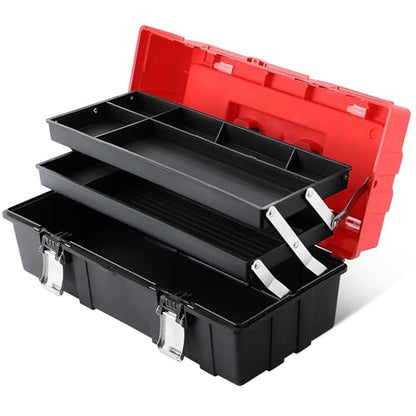 MAXPOWER 16-Inch Tool Box, Three-Layer Folding Plastic Storage Toolbox, Multi-Function Organizer with Tray and Dividers, Tools Box with Stainless Steel Lock