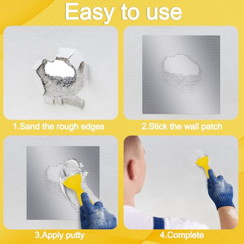 Yaocom 4 Pcs 10 x10 Inch Drywall Repair Kit Self Adhesive Mesh Drywall Repair Patch Set with Sanding Pads and Scraper Heavy Duty Metal Aluminum Dry Hole Patch Tools for Large Hole Wall Ceiling Tool - size: 10 x10"