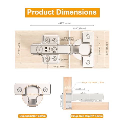 10pcs Full Overlay Cabinet Hinge Frameless Concealed Door Hinges European Soft Closing Four-Hole Mounting Plate Hinges Nickel Plated Finish - color: Full Overlay, size: 5 Pairs