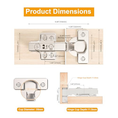 10pcs Full Overlay Cabinet Hinge Frameless Concealed Door Hinges European Soft Closing Four-Hole Mounting Plate Hinges Nickel Plated Finish - color: Full Overlay, size: 5 Pairs