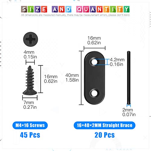 Glarks 20 Sets 40mm Flat Straight Corner Brace Black Metal Joint Plate Connector Repair Fixing Bracket with 45Pcs Screws for Wood Furniture (40x2mm) - size: 40x2mm