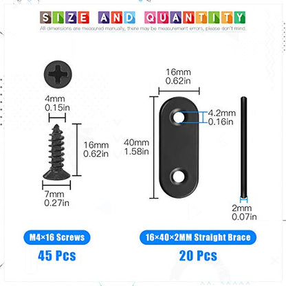 Glarks 20 Sets 40mm Flat Straight Corner Brace Black Metal Joint Plate Connector Repair Fixing Bracket with 45Pcs Screws for Wood Furniture (40x2mm) - size: 40x2mm