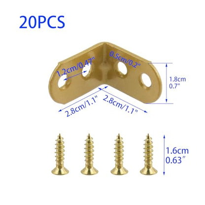 Wealrit 20 PCS L Shape Bracket Corner Braces Gold Right Angle Brackets, Wood Furniture Fastener with Screws for Cabinet Chair Drawer Length- 1.1" - size: 1.1"