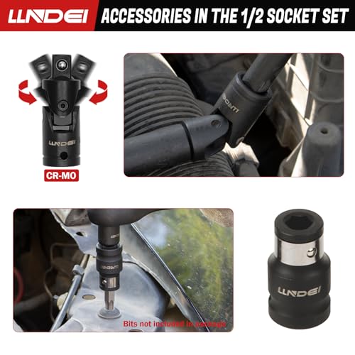 LLNDEI 1/2 inch Drive Deep Impact Socket Set, 37 Piece Standard SAE 3/8" to 1-1/4" | Metric 8 to 24mm, Includes Spark Plug Socket (16, 21mm), CR-MO Universal Joint, Extension Bars and Adapter - size: 37-piece 1/2" Drive Socket Set Sae & Metric