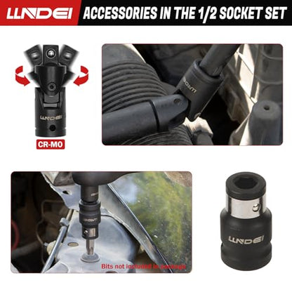 LLNDEI 1/2 inch Drive Deep Impact Socket Set, 37 Piece Standard SAE 3/8" to 1-1/4" | Metric 8 to 24mm, Includes Spark Plug Socket (16, 21mm), CR-MO Universal Joint, Extension Bars and Adapter - size: 37-piece 1/2" Drive Socket Set Sae & Metric