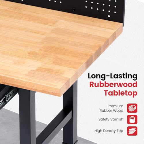 ENJOYWOOD 60" x 22" Heavy Duty Workbench Adjustable Height Garage Work Table with Solid Rubberwood Top, Wheels, Drawers, Pegboards & Power Outlets for Workshop, Home & Office - size: 60 Inch