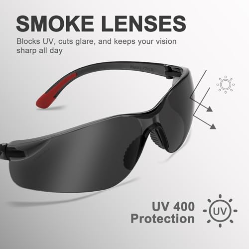 ProtectX Safety Glasses for Men & Women, Safety Sunglasses with Anti-Fog Scratch Resistant Lenses, Non-Slip Grips, ANSI Z87.1 - color: Olympus Red Tip Smoke 3 Pk