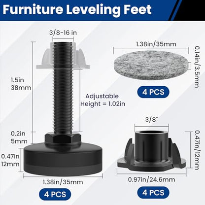 4 Pcs Adjustable Furniture Feet, 3/8" Heavy Duty Threaded Furniture Leveling Feet, Leg Levelers Screw in with Threaded Inserts for Table, Cabinets, Chair, Sofa Black