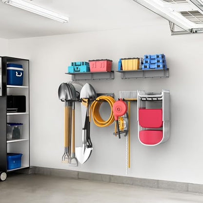 WALMANN Wall Mounted Garden Tool Rack with Shelves for Garage, Heavy Duty Folding Chair Hangers, 11-Inch Tool Storage Hooks for Shovels, Rakes, Ladders(Tool Rack with Shelf) - style: Tool Rack with Shelf