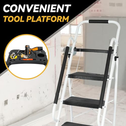 BLACKHORSE-RACING 5 Step Ladder with Handrails & Tool Tray Platform, 330 lbs Folding Step Stool Ladder, Portable Steel Ladder for Kitchen Pantry Home Office Library, White
