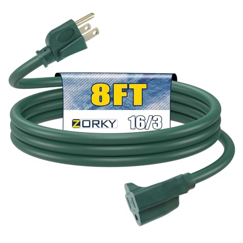 8ft Outdoor Extension Cord for Christmas Decorations - 16/3 Heavy Duty SJTW Waterproof Green Electrical Cable with 3 Prong Grounded Plug for Safety, Great for Lawn and Major Appliances - color: Green, size: 8ft