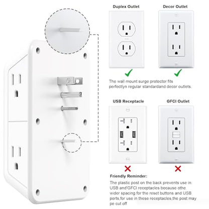 Wall Outlet Extender with Night Light, Power Plug Adapter 6 Outlet Extender with 4 USB Charging Ports 1050J Power Strip Multi Plug Adapter Spaced for Home Travel Office (2U2C) - color: White-1Pcs