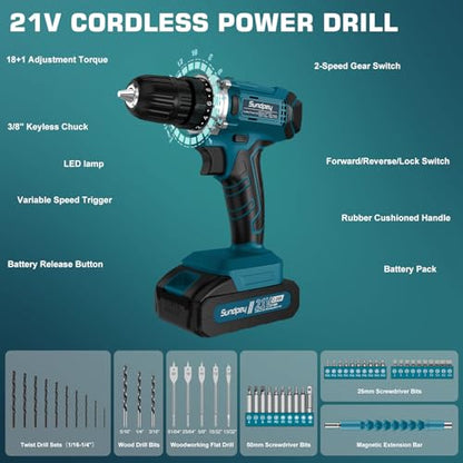 Tool Kit with 21V Cordless Drill - Sundpey 255-PCs Portable Complete General Basic Home and Auto Repair Tool Set with Drawer for Handyman & Diyer & Homeowner - Power Drill with 2 x 2.0Ah Batteries