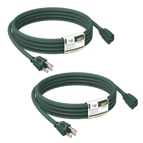 EP 2 Pack 10FT Green Outdoor Extension Cord, 16/3 SJTW Heavy Duty Waterproof, 3 Prong Grounded Plug, 13A 1625W 16AWG, Cold-Resistant Flexible Power Cable for Garden, Home, Christmas Lights - color: Green, size: 10ft-2PK