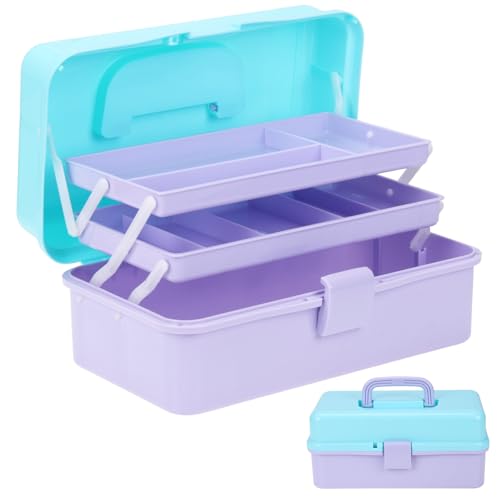 Sewing Box, 3-Layer Craft Organizers Portable Folding Toolbox, Plastic Tool Box with Handle for Sewing Supplies, Medicine, Art Supplies, Nails and Hair Accessories 12.5inch - color: Purple and Blue