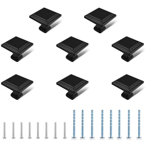 8 Pack Black Matte Cabinet Knobs, Square Drawer Knobs(30mm/1.2 Inch), Durable Dresser Knob with 16 PCS Screws, Pull Handle Hardware Kitchen Door Knobs for Cabinets - color: 8 PCS