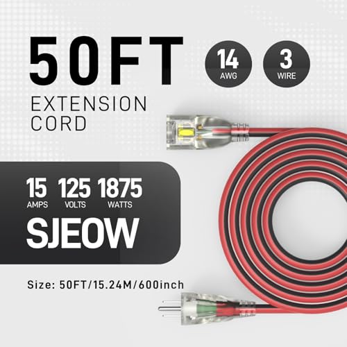 50FT Medium Duty Outdoor Extension Cords, 14/3 Gauge Electrical Wire Cable, 15 Amp Waterproof, LED Lighted Locking Plug for Indoor and Outside Use, Power Cord ETL Certified