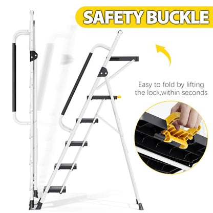 KINGRACK Folding 5-Step Ladder, 800 lbs Capacity Step Stool with Safety Lock, Tool Tray, Non-Skid Wide Steps, Handrail, Household Folding Ladder for Home, Garden, Painting, Outdoor, and Garage, White - size: 5-STEP