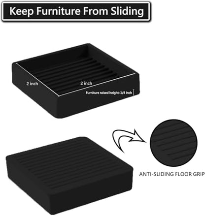 2x2 Square Rubber Furniture Caster Cups, Anti-Sliding Furniture Pads Bed Stopper Floor Protectors with Grip - Protect Any Flooring - size: 12 Pcs Black