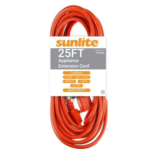 Sunlite 04215-SU 25-Foot Outdoor Extension Cord Three Prong Grounded Plug, Heavy Duty, Long Power Wire, for Appliances, Electronics, UL Listed, 14 Gauge, UL Listed, Meets OSHA Standards, Orange - size: 25'(14/3)