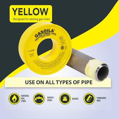 Gasoila Yellow PTFE Thread Seal Tape – Professional-Grade, 1/2 Inch x 520 Inch, High-Density Thread Tape for Gas Lines – Leak-Proof Seal, Non-Toxic - size: 1/2 Inch X 520 Inch Roll- 1 Pack
