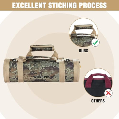 WORKPRO Roll Tool Bag with Detachable Pouches, Heavy Duty Organizer - 6 Pockets, for Mechanics, Electricians, Plumbers & Carpenters - Camo - color: Camo
