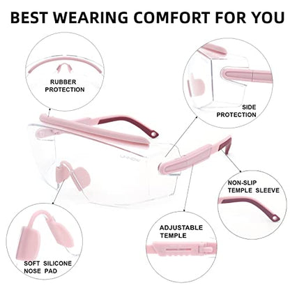 UKNOW Safety Goggles Over Glasses, Anti Fog Safety Glasses with Clear Wraparound Lens, ANSI Z87.1 Protective Eyewear - color: Pink