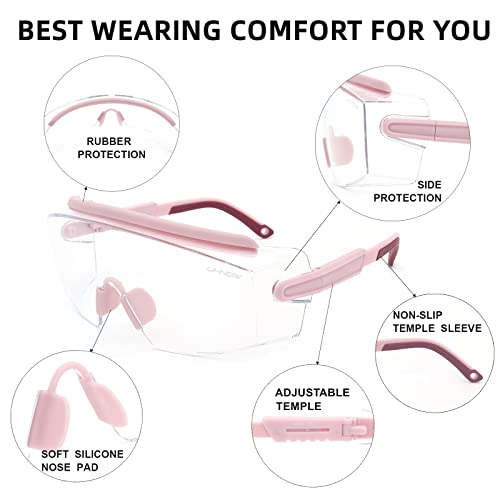 UKNOW Safety Goggles Over Glasses, Anti Fog Safety Glasses with Clear Wraparound Lens, ANSI Z87.1 Protective Eyewear - color: Pink