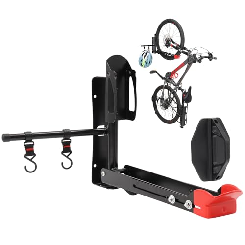 Bike Wall Mount Rack Adjustable & Foldable Garage Bike Rack with Swivel Design & 2 Storage Hooks, Fits 20"-29" Bikes, Holds Up to 77 lbs, Easy Install & Space-Saving Bike Storage 1 Pack - style: Type A：1 Pack