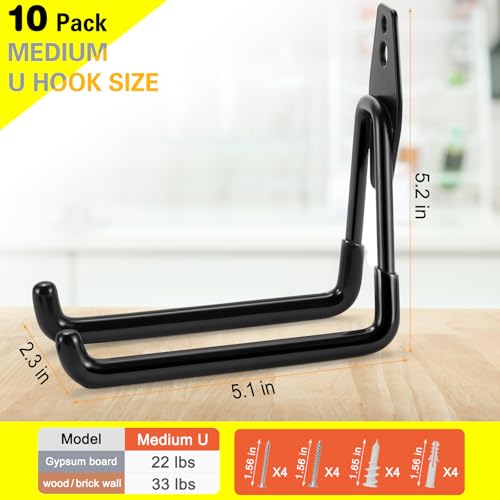 10 Pack Garage Hooks Heavy Duty Storage Organizer Wall Mount Power and Garden Tool Hangers, for Hanging Ladders, Ropes, Hose, Bulk Items - color: Black 10 pack
