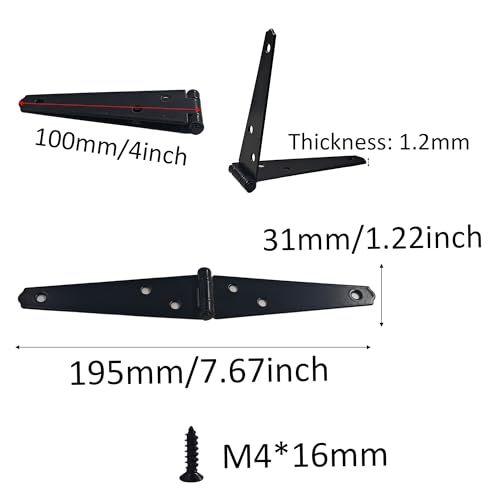 6Pcs 4-Inch Heavy Duty Iron Strap Hinges, Matte Black Gate Tee Hinges for Shed, Fence, Cabinet, Wood Gate Applications with Mounting Screws - size: 4 Inch