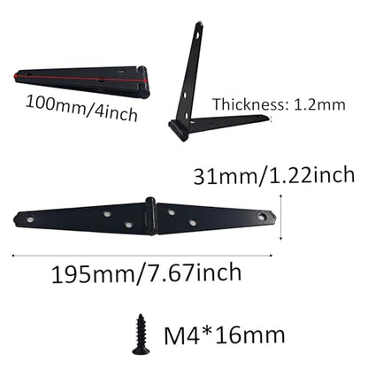 6Pcs 4-Inch Heavy Duty Iron Strap Hinges, Matte Black Gate Tee Hinges for Shed, Fence, Cabinet, Wood Gate Applications with Mounting Screws - size: 4 Inch